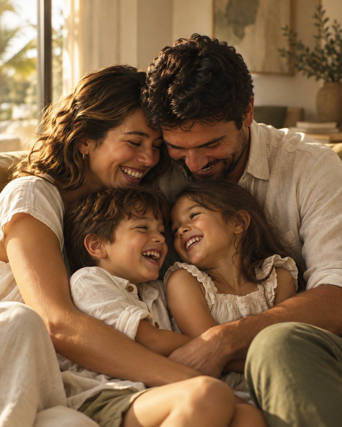 Familia abrazada riendo en su casa